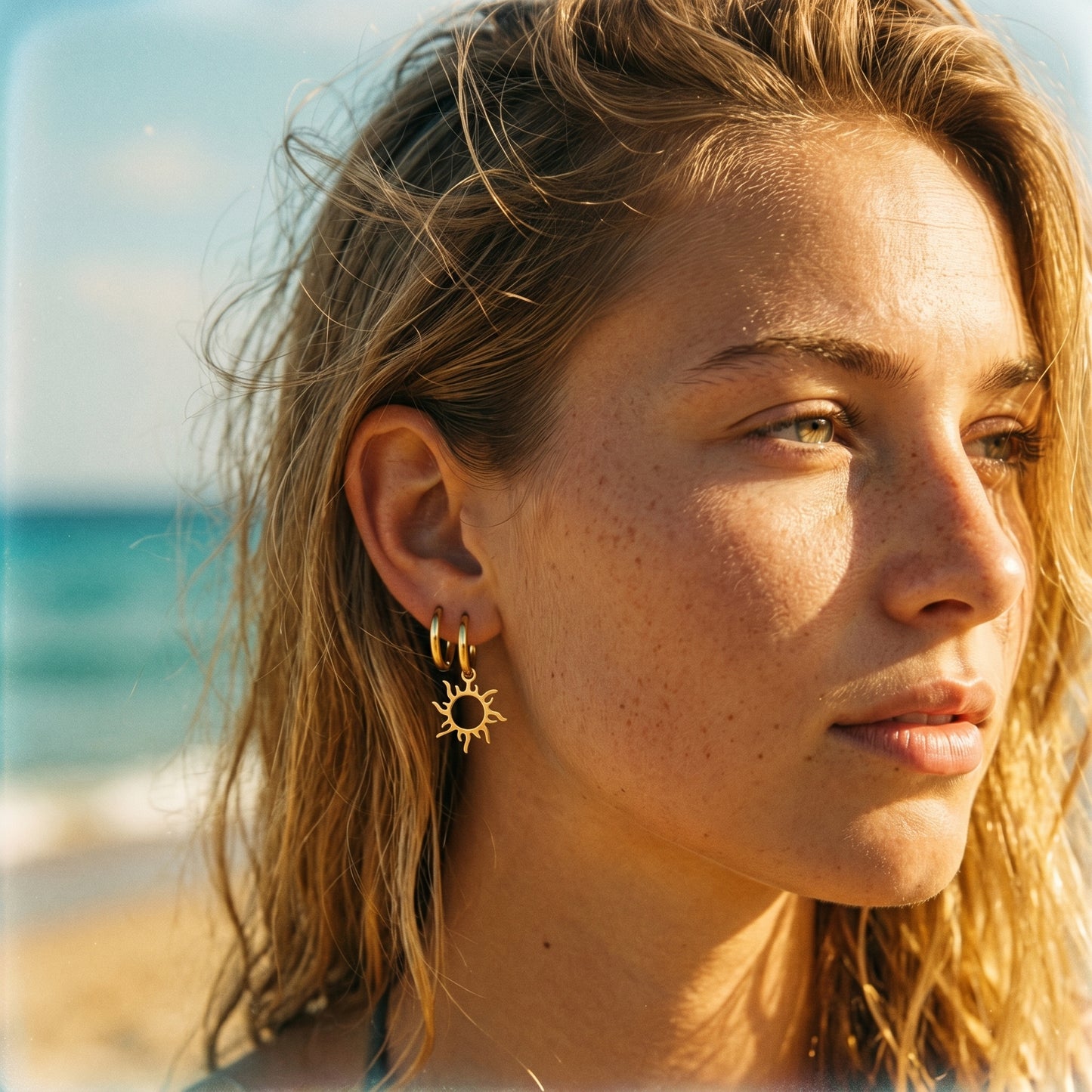 Tarnish Resistant Sun Hoop Earrings, Stainless Steel 18K Gold Plated Waterproof Vacation Jewelry