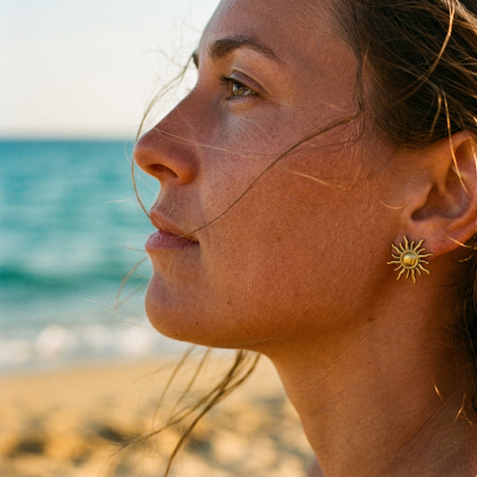 18K Gold Plated Sun Stud Earrings, Stainless Steel Hypoallergenic Waterproof Summer Beach Jewelry