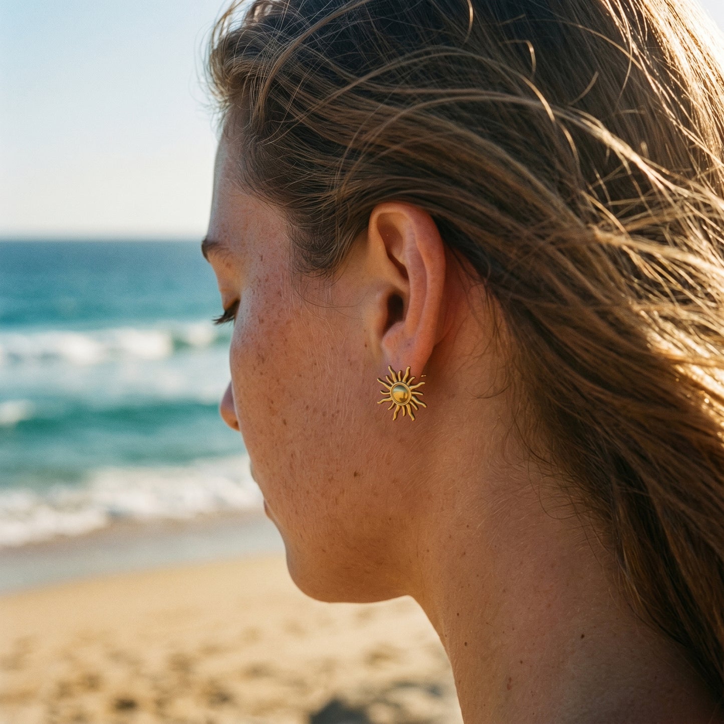 18K Gold Plated Sun Stud Earrings, Stainless Steel Hypoallergenic Waterproof Summer Beach Jewelry