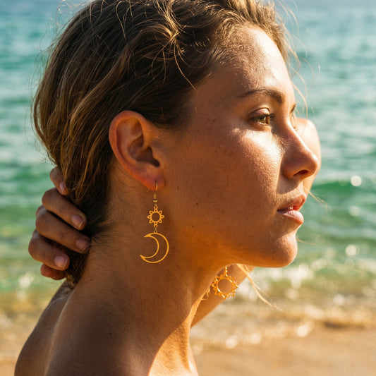Nickel Free Asymmetric Sun Moon Earrings, Stainless Steel Hypoallergenic No Fade Drop Earrings
