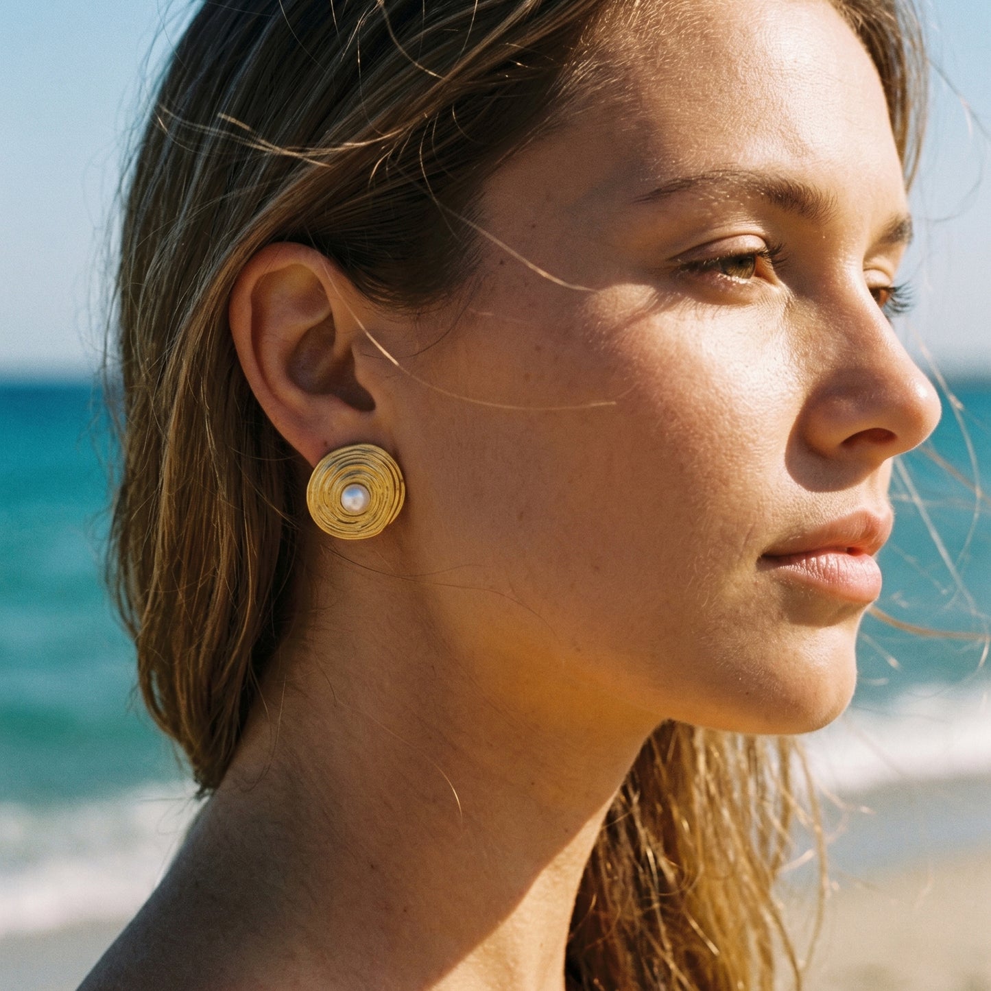 Vintage Swirl Pearl Stud Earrings, 18K Gold Silver Stainless Steel Textured Hoops