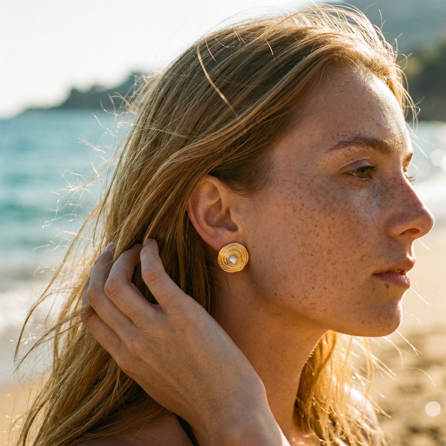 Vintage Swirl Pearl Stud Earrings, 18K Gold Silver Stainless Steel Textured Hoops