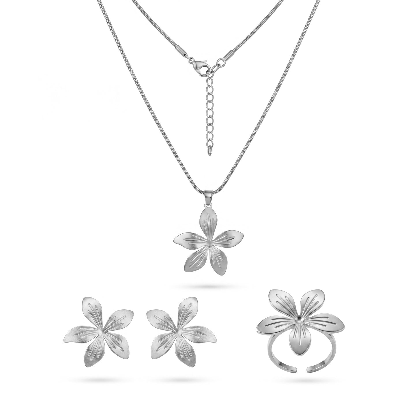 Tropical Bloom Jewelry Set – Gold Flower Necklace Earrings & Ring for Sun-Kissed Elegance