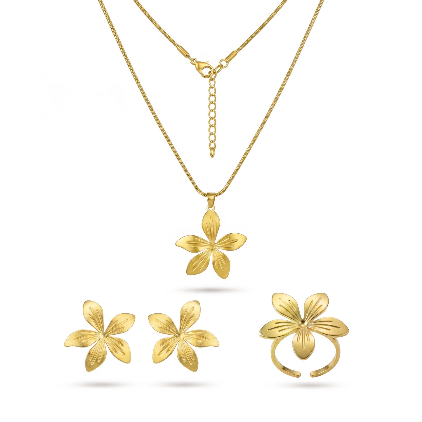 Tropical Bloom Jewelry Set – Gold Flower Necklace Earrings & Ring for Sun-Kissed Elegance