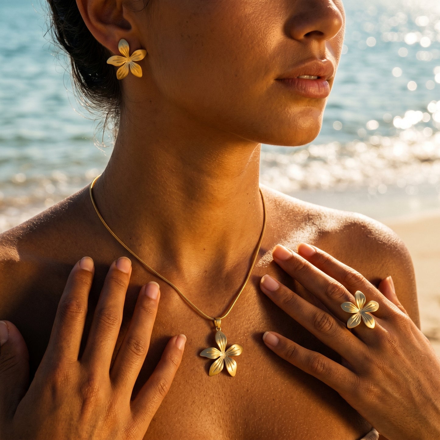 Tropical Bloom Jewelry Set – Gold Flower Necklace Earrings & Ring for Sun-Kissed Elegance
