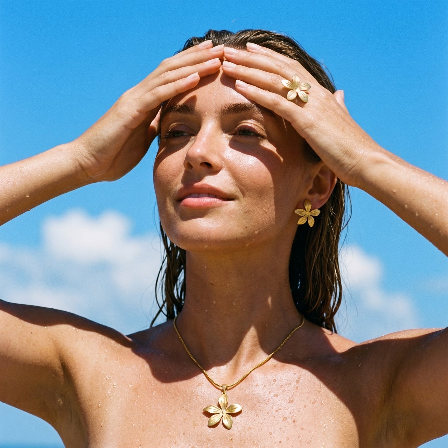 Tropical Bloom Jewelry Set – Gold Flower Necklace Earrings & Ring for Sun-Kissed Elegance