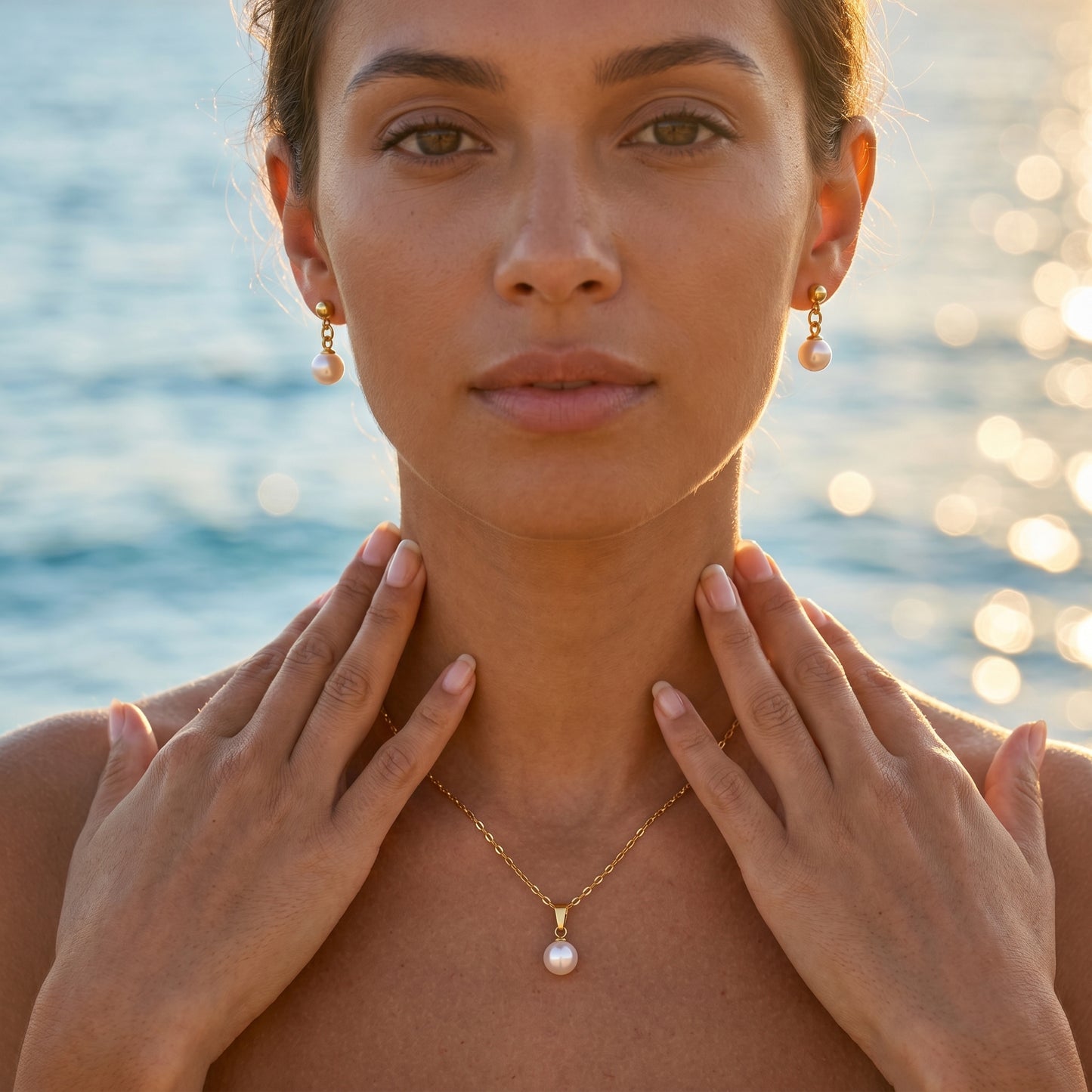 Golden Pearl Drop Jewelry Set – Elegant Minimalist Necklace & Earrings for Timeless Coastal Style