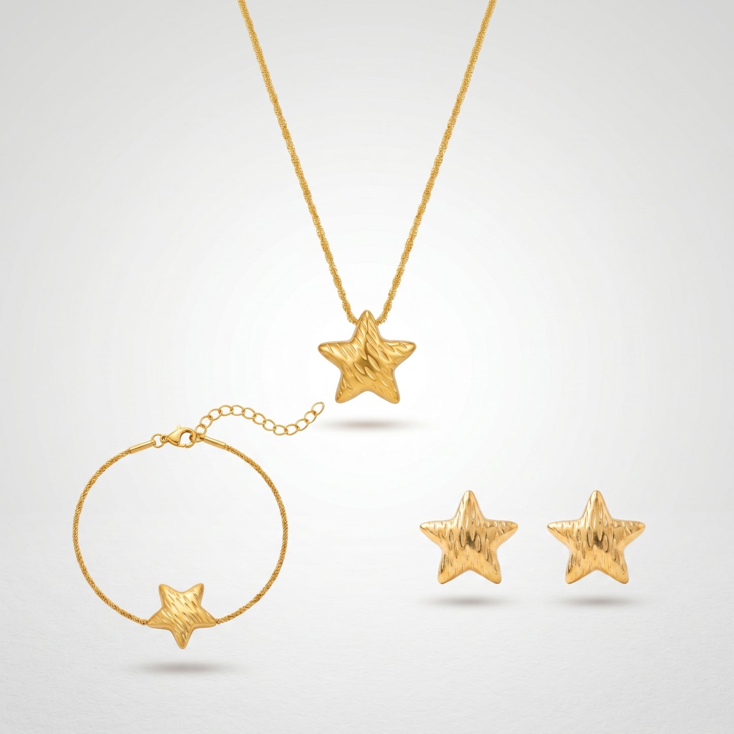 Golden Star Jewelry Set – Minimalist Necklace Bracelet & Stud Earrings for Coastal Chic Styling