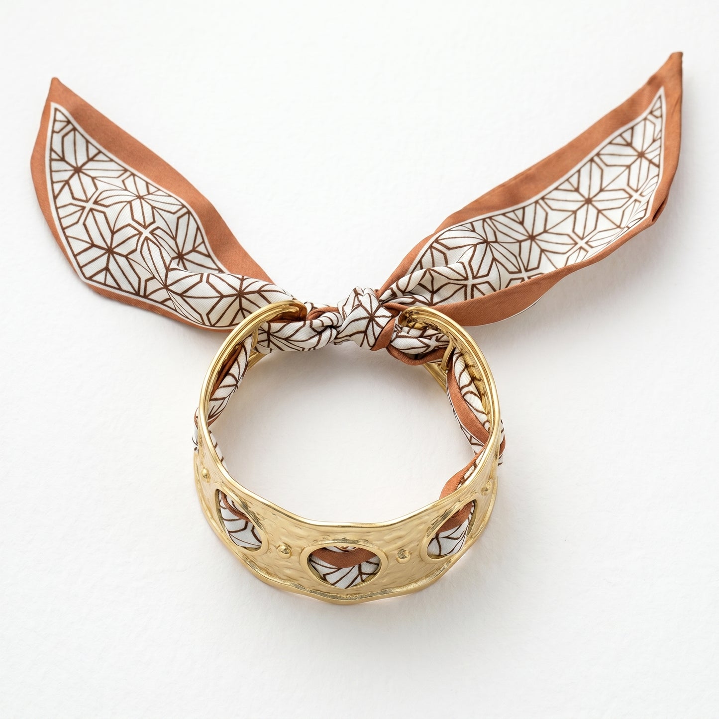 Hammered Cutout Wide Cuff Bracelet with Removable Geometric Scarf, Stainless Steel