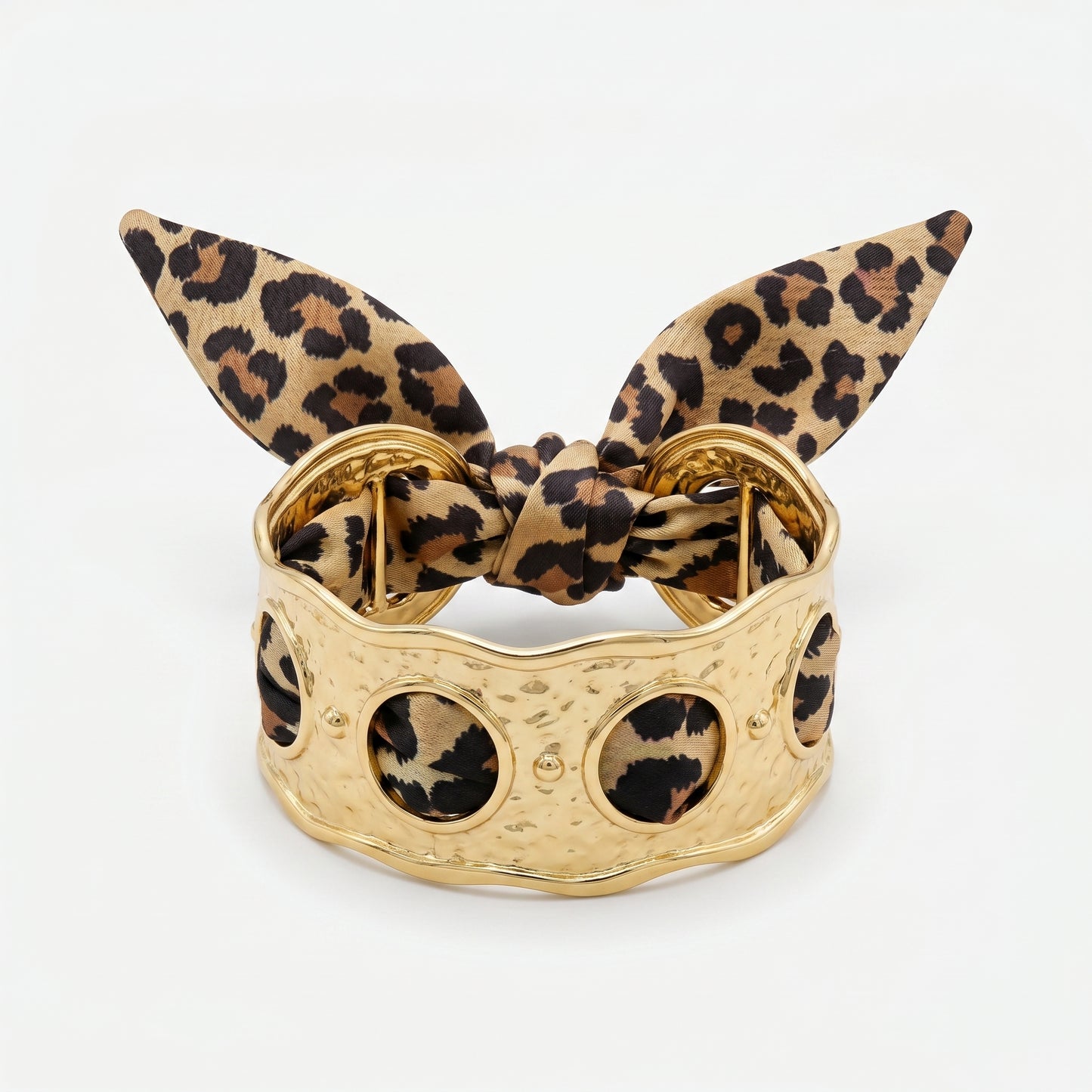 Luxury Leopard Print Silk Scarf Hammered Gold Cuff Bracelet for Women