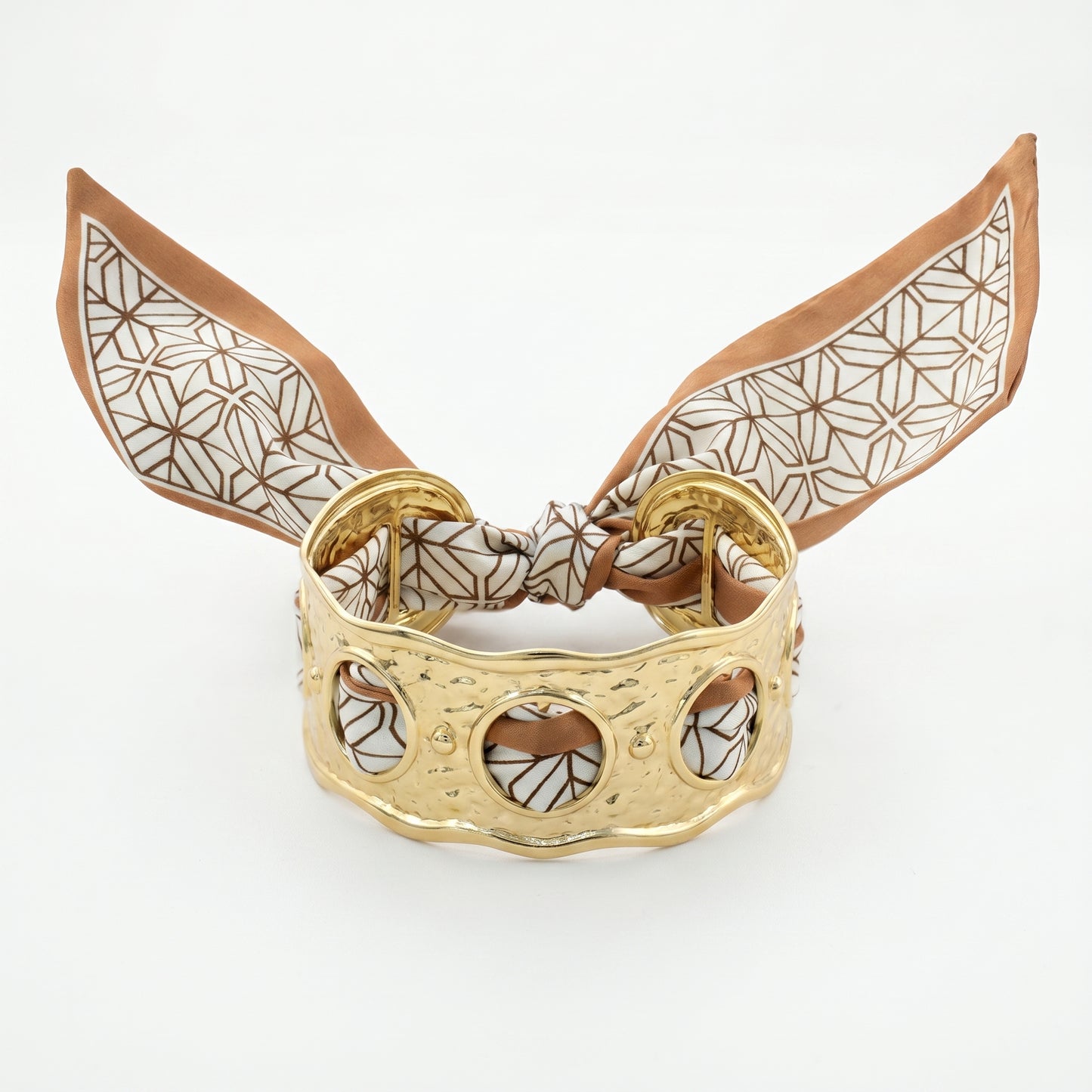 Hammered Cutout Wide Cuff Bracelet with Removable Geometric Scarf, Stainless Steel