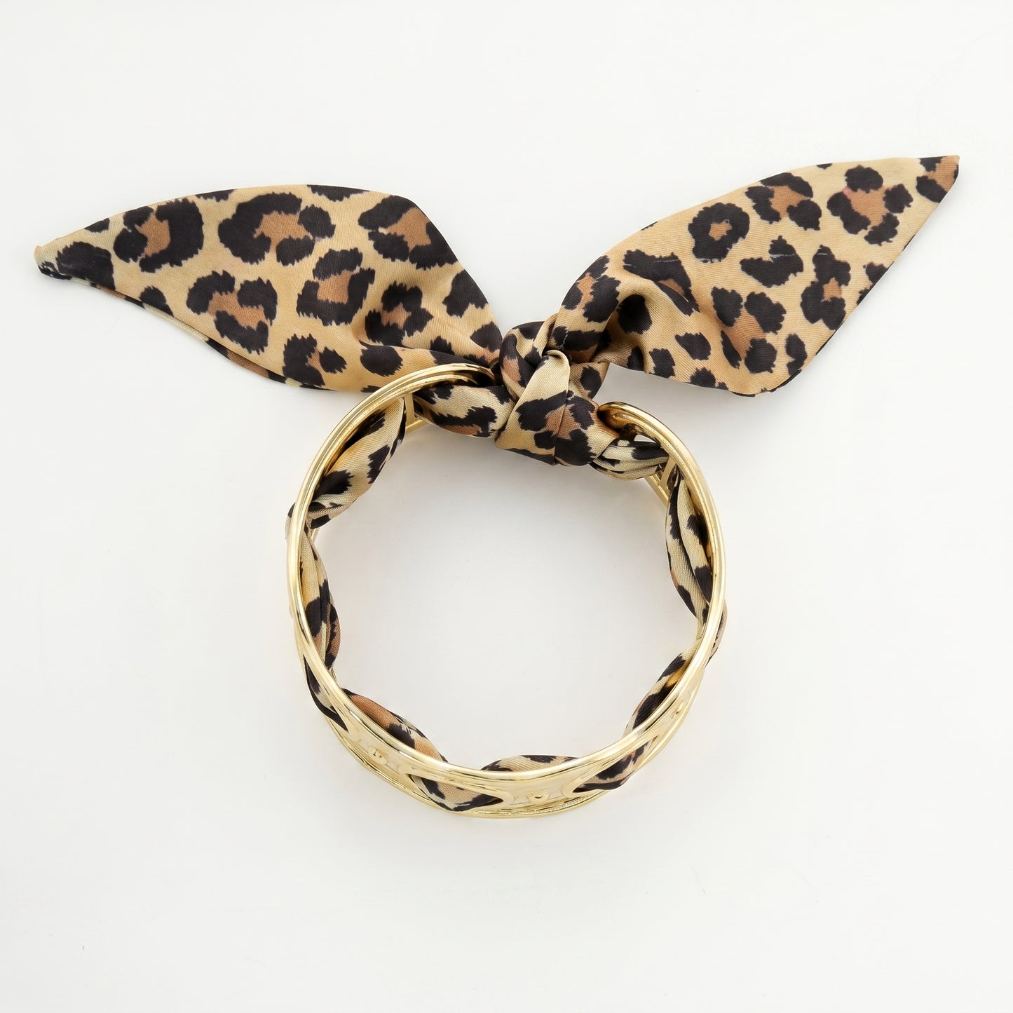 Luxury Leopard Print Silk Scarf Hammered Gold Cuff Bracelet for Women
