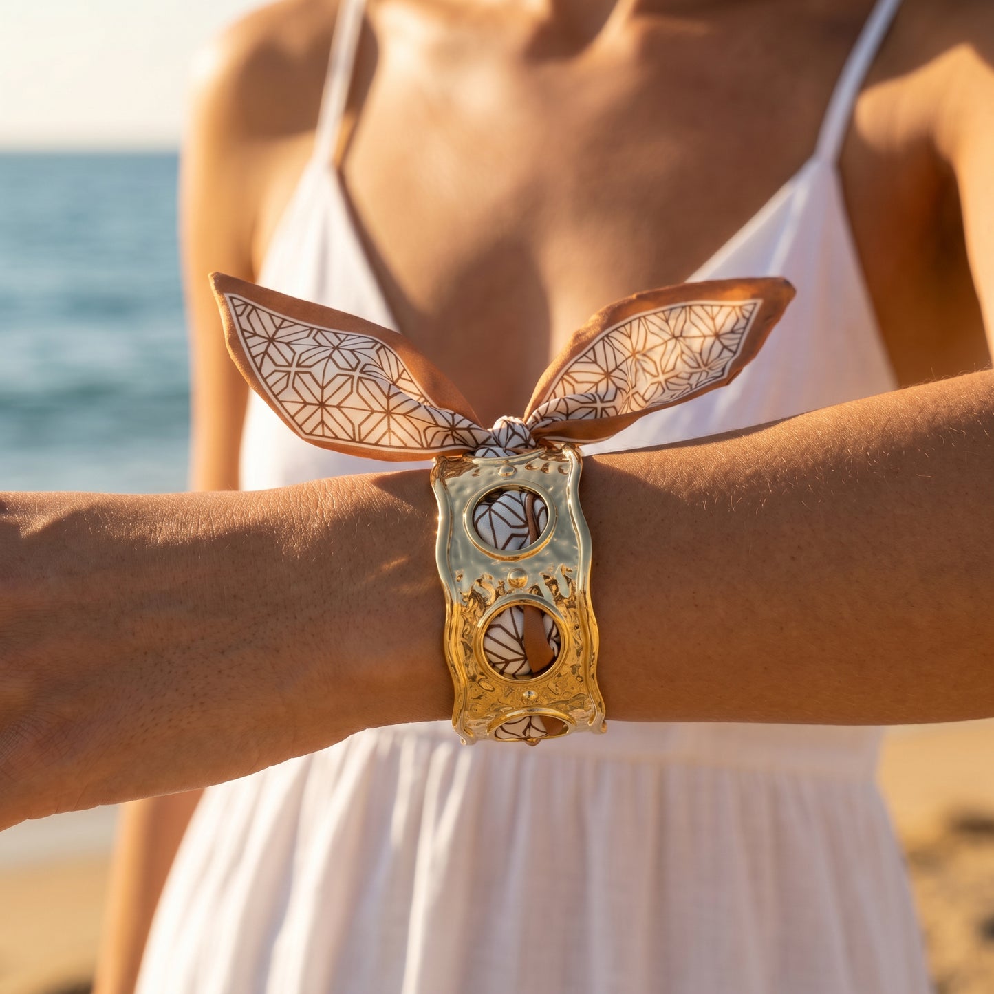 Hammered Cutout Wide Cuff Bracelet with Removable Geometric Scarf, Stainless Steel