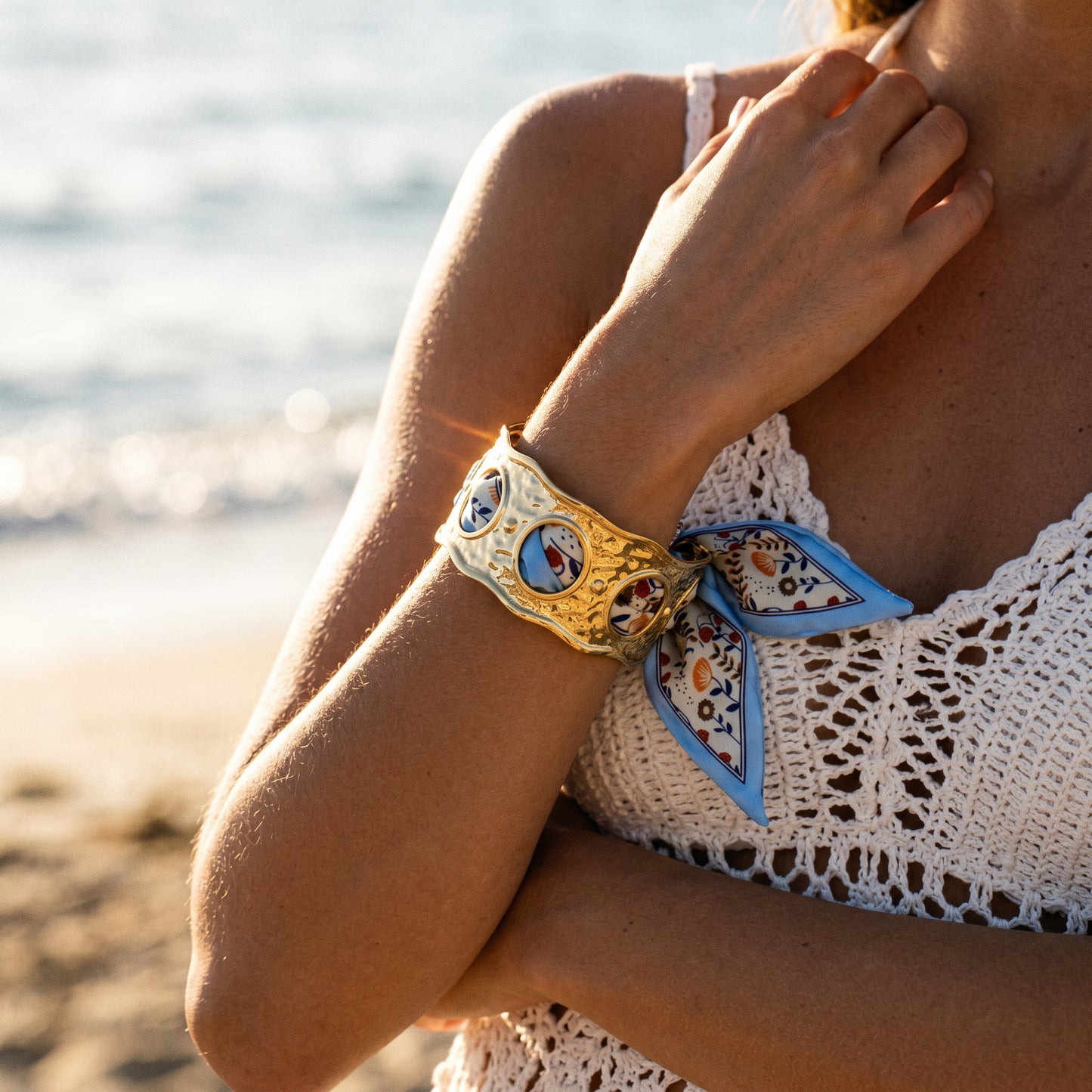 Mediterranean Vintage Gold Hammered Silk Scarf Cuff Bracelet for Women