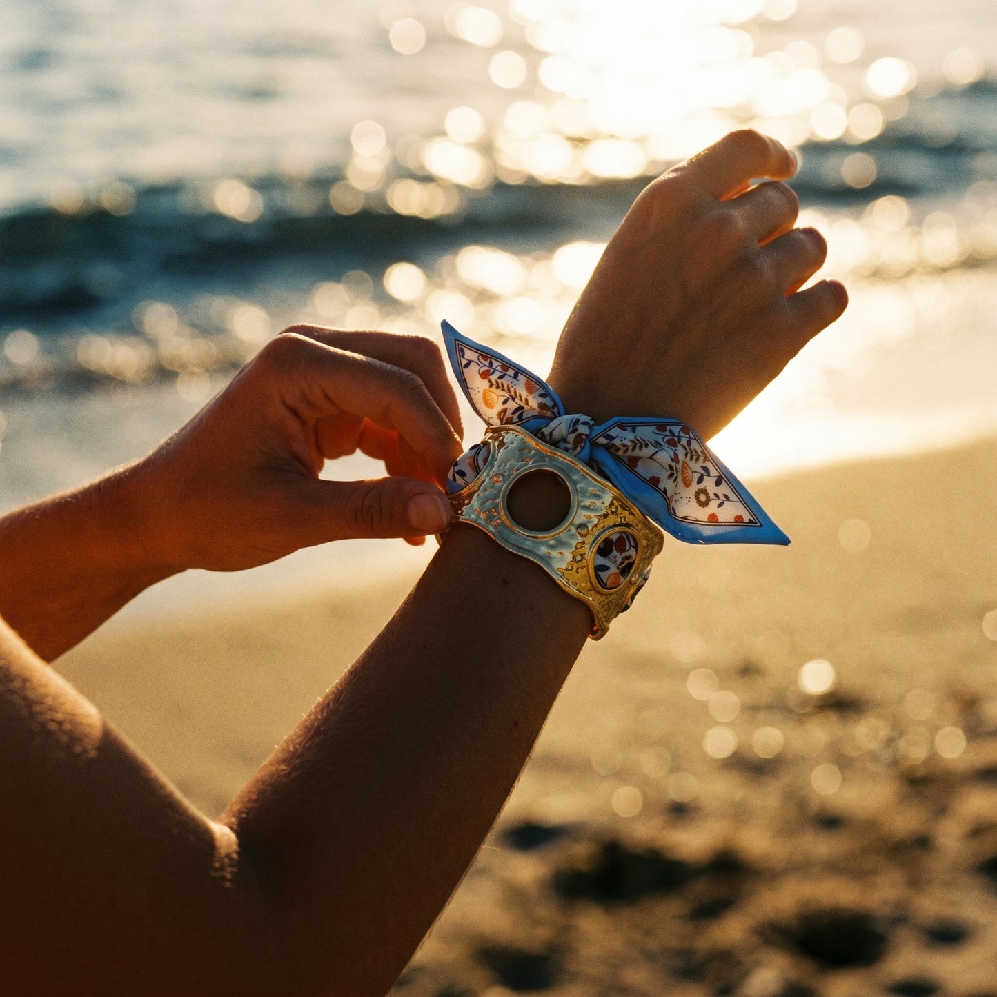 Mediterranean Vintage Gold Hammered Silk Scarf Cuff Bracelet for Women
