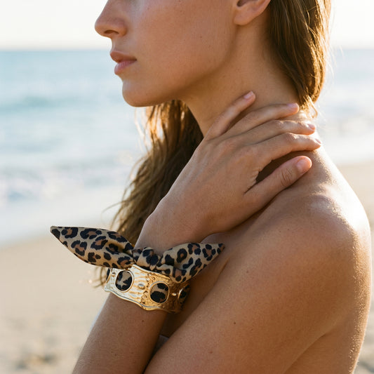 Luxury Leopard Print Silk Scarf Hammered Gold Cuff Bracelet for Women