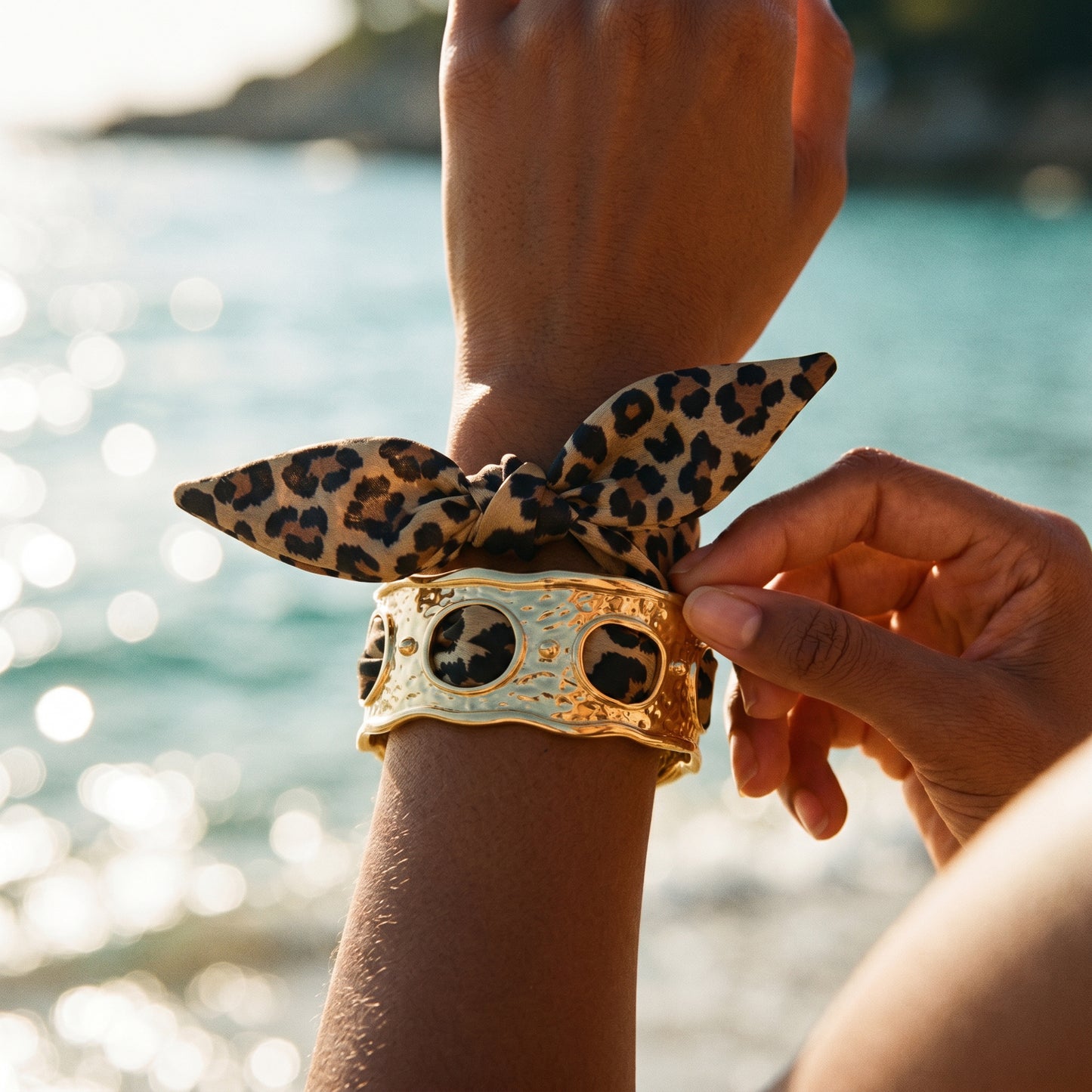 Luxury Leopard Print Silk Scarf Hammered Gold Cuff Bracelet for Women