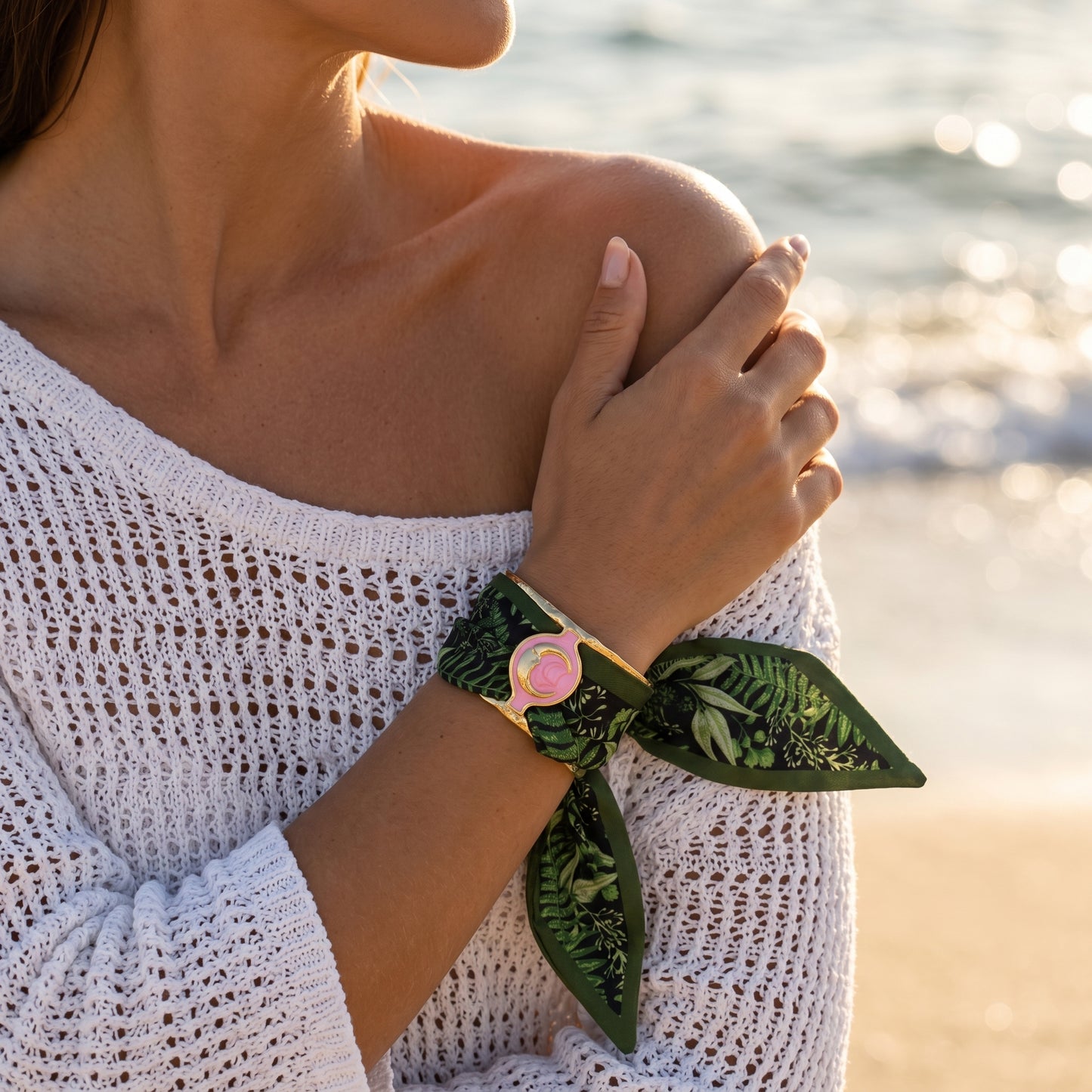 Nature Luxe Botanical Silk Wrap Bracelet with Pink Enamel Accent
