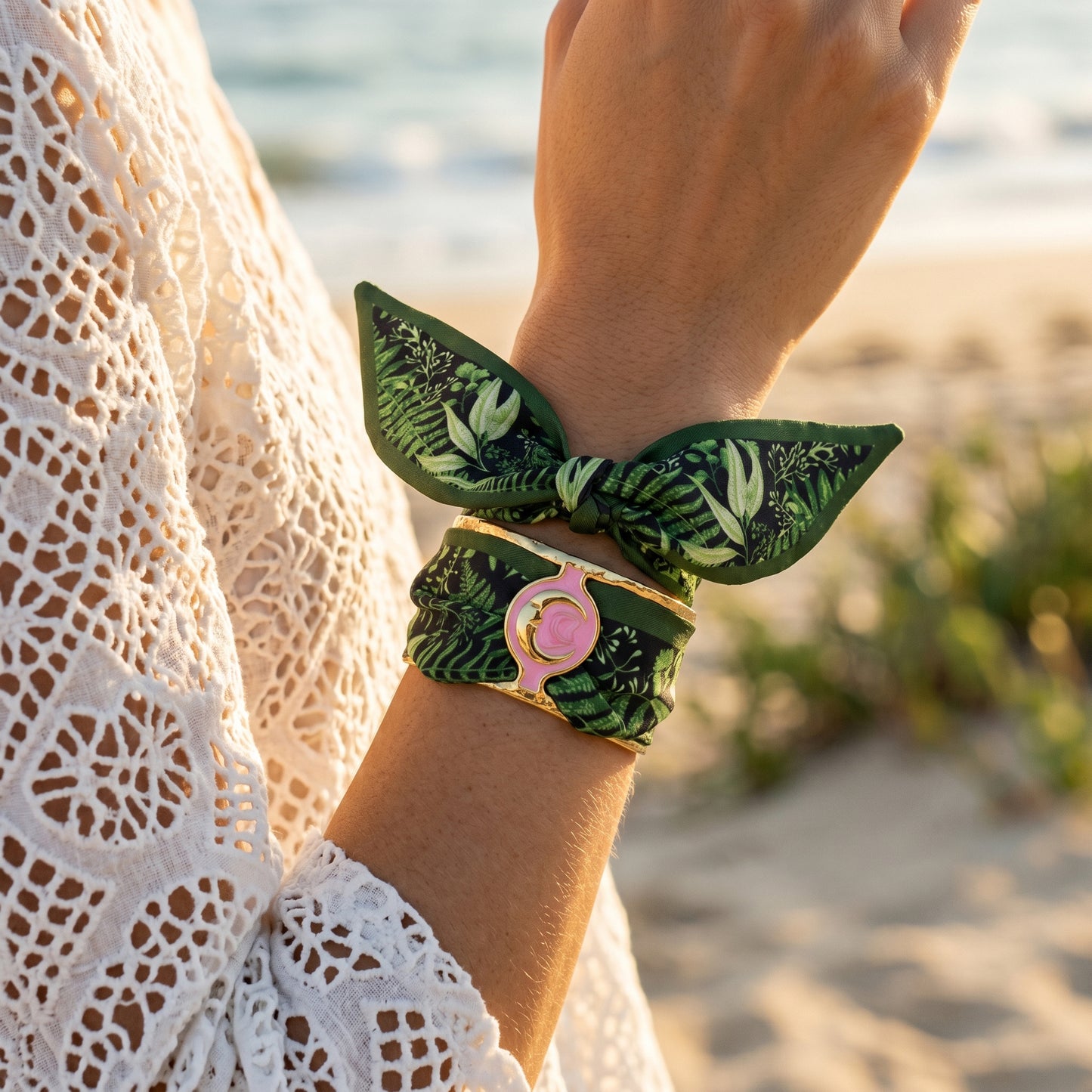 Nature Luxe Botanical Silk Wrap Bracelet with Pink Enamel Accent