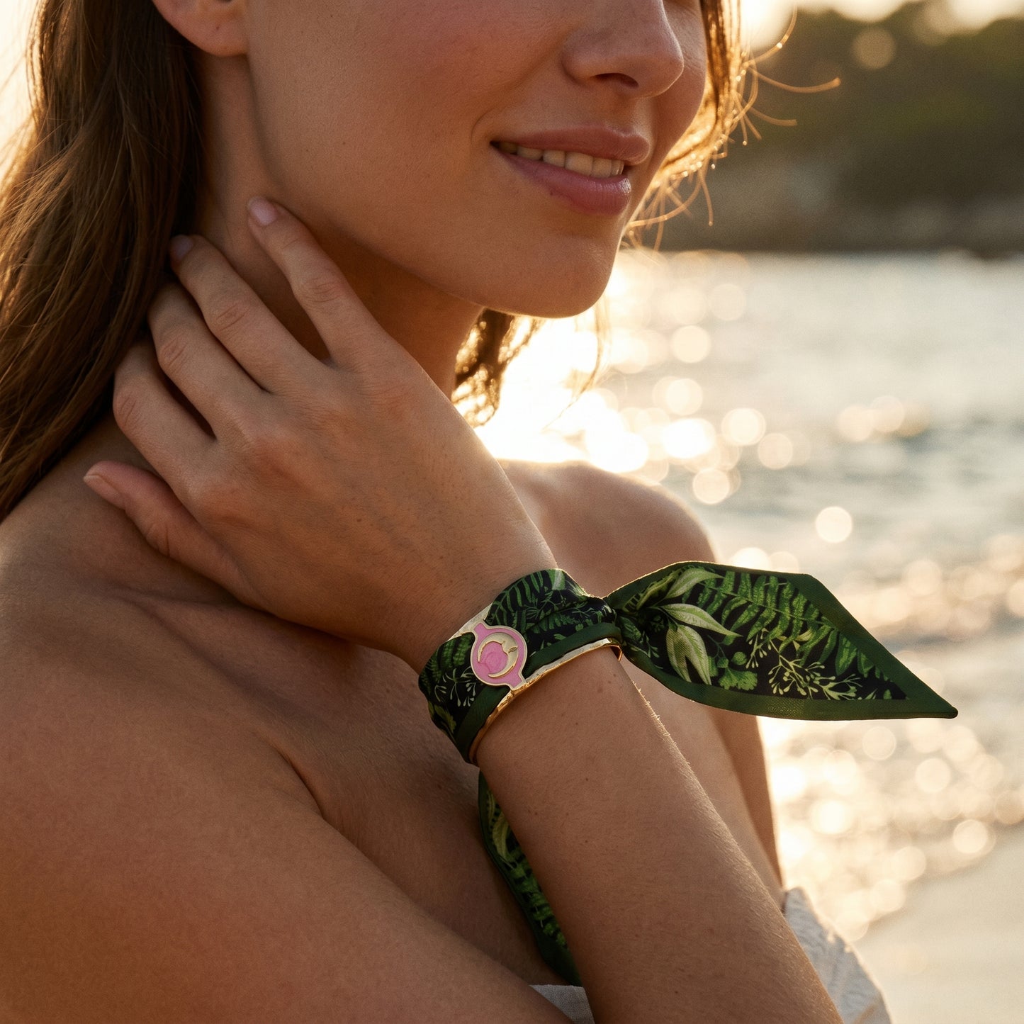 Nature Luxe Botanical Silk Wrap Bracelet with Pink Enamel Accent
