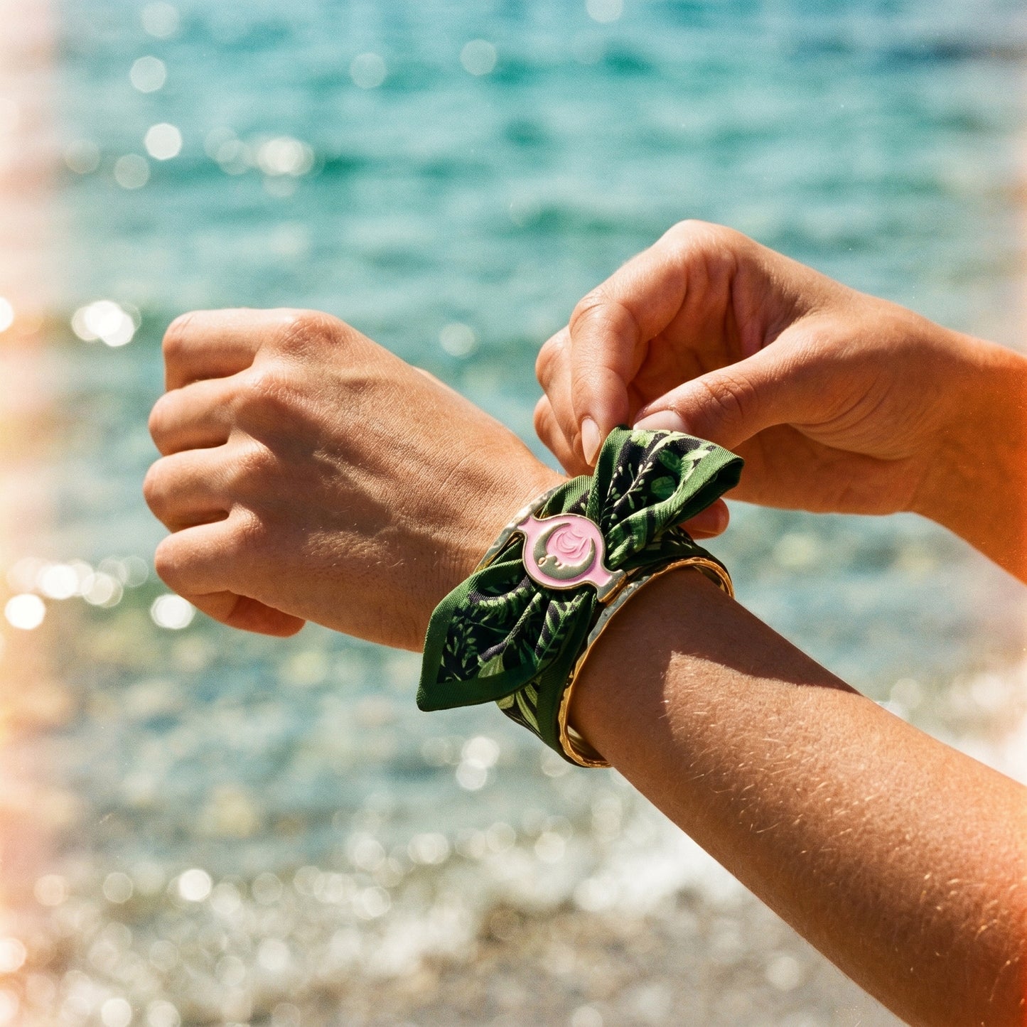 Nature Luxe Botanical Silk Wrap Bracelet with Pink Enamel Accent