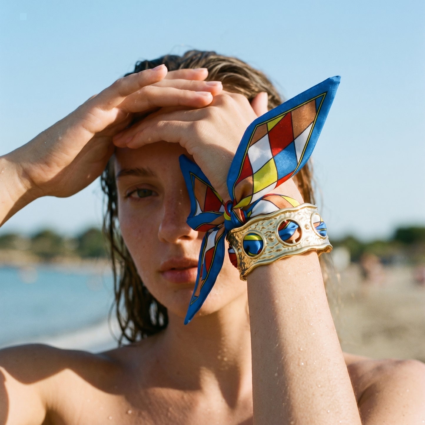 Riviera Color Block Silk Bracelet with Gold Open Cuff