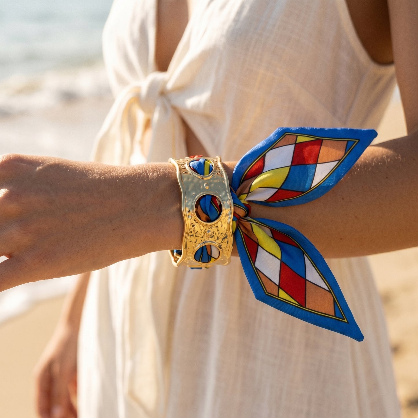 Riviera Color Block Silk Bracelet with Gold Open Cuff