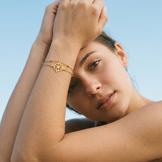 Celestial Knot Double Chain Bracelet in Gold – Minimalist Sacred Geometry Jewelry for Everyday Elegance