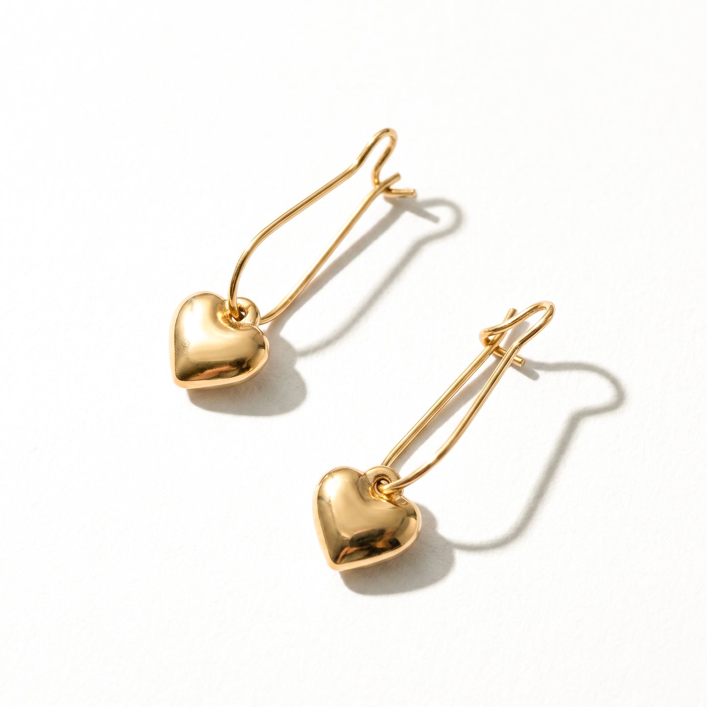 Golden Puffy Heart Hook Earrings – Minimalist Stainless Steel Drop Earrings with Romantic Shine