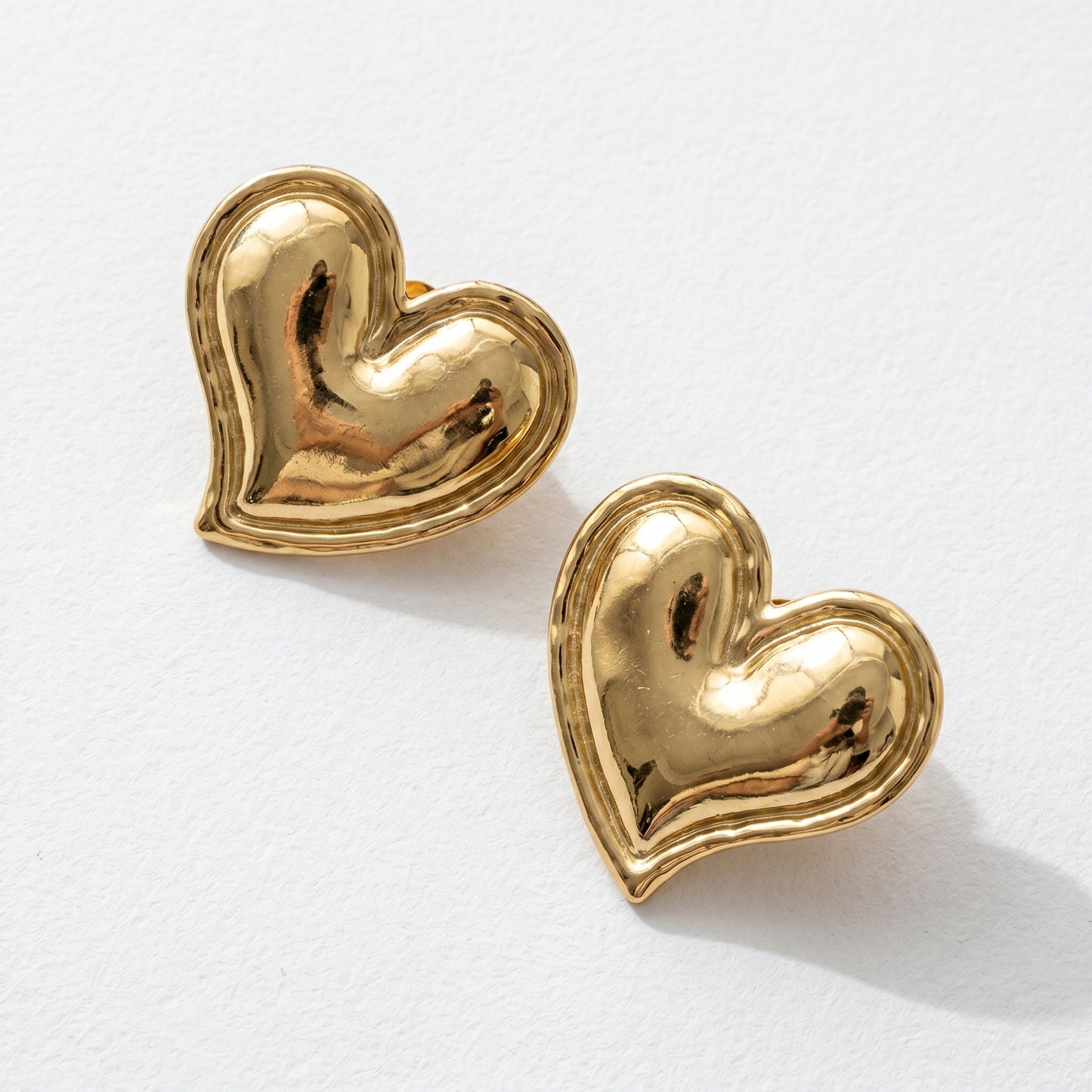 Puffy Heart Stud Earrings – Chunky Gold Stainless Steel Earrings with Retro Luxe Feel