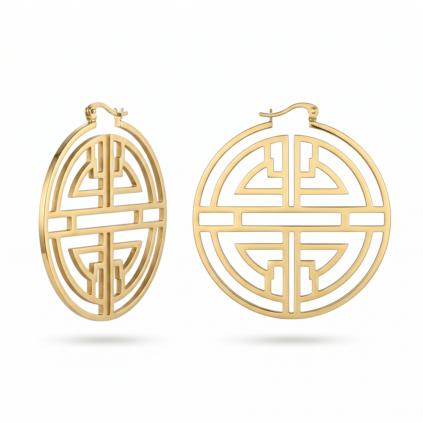 Oriental Harmony Hoop Earrings – Gold Stainless Steel Statement Earrings with Modern Asian Motif