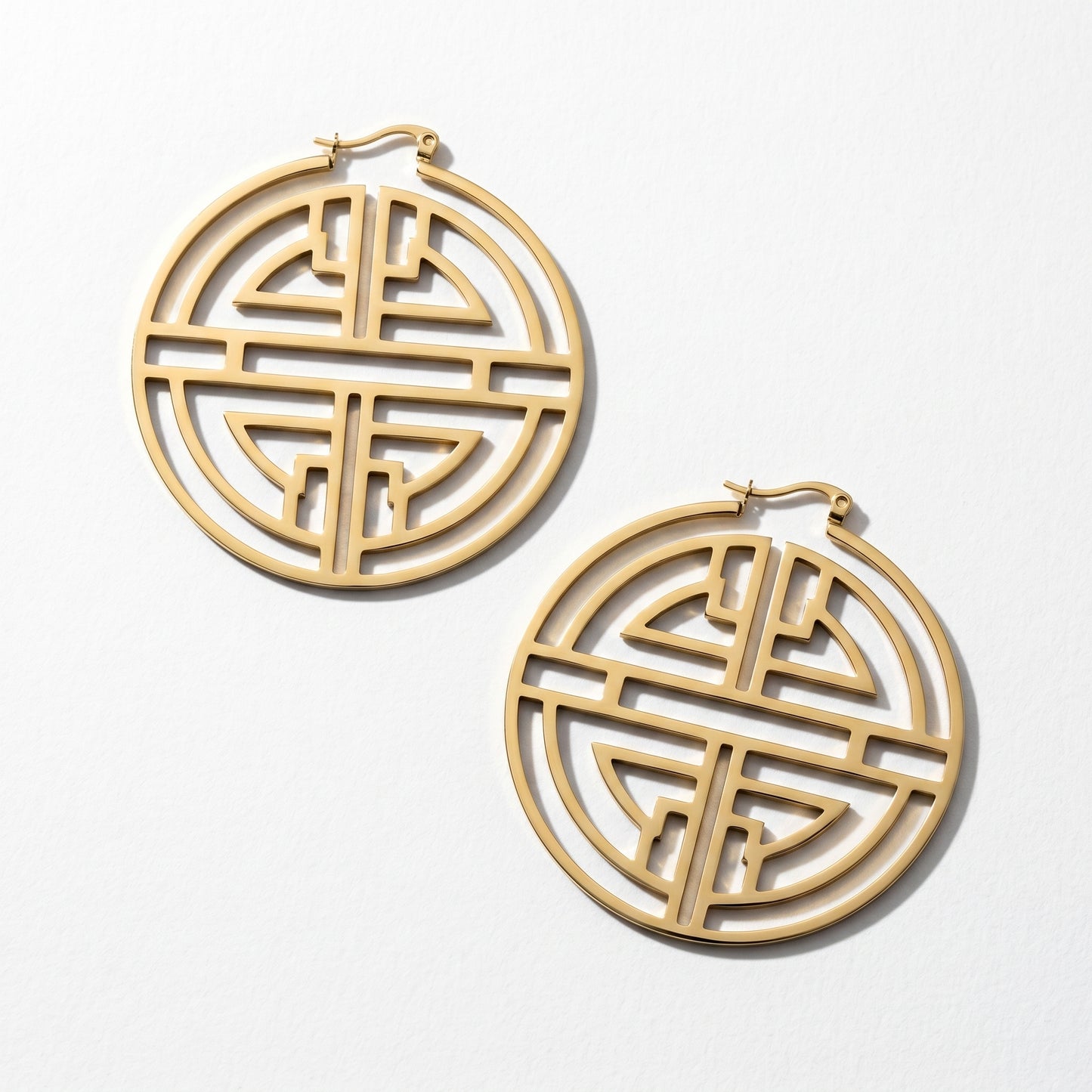 Oriental Harmony Hoop Earrings – Gold Stainless Steel Statement Earrings with Modern Asian Motif