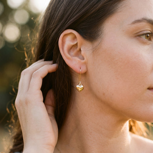 Golden Puffy Heart Hook Earrings – Minimalist Stainless Steel Drop Earrings with Romantic Shine