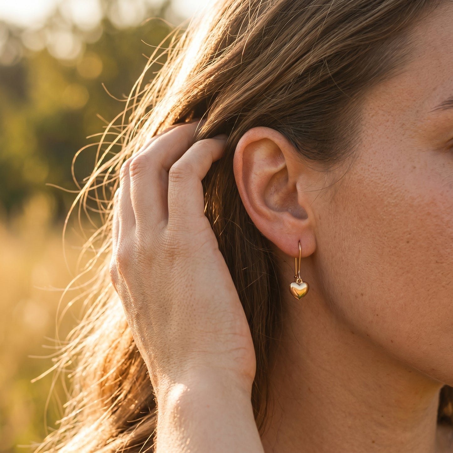 Golden Puffy Heart Hook Earrings – Minimalist Stainless Steel Drop Earrings with Romantic Shine