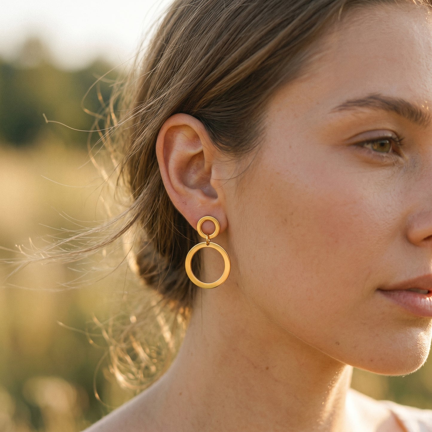 Sculptural Gold Earrings – Contemporary Double Circle Design with Clean Girl Aesthetic