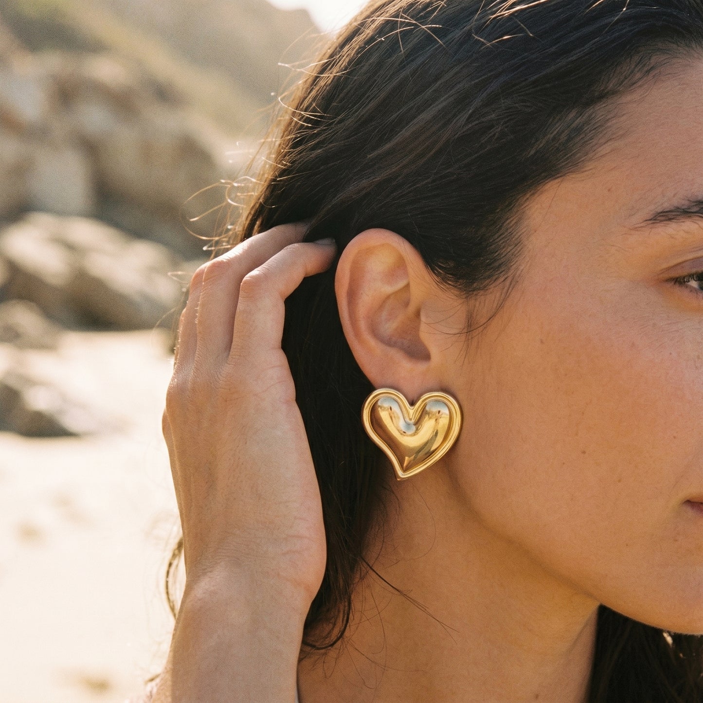 Puffy Heart Stud Earrings – Chunky Gold Stainless Steel Earrings with Retro Luxe Feel