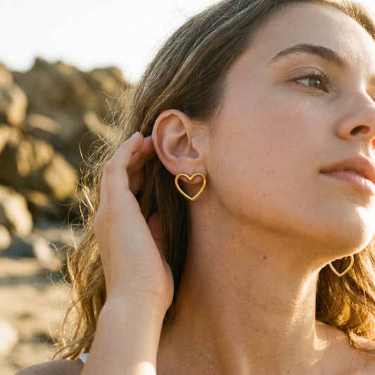 Golden Open Heart Stud Earrings – Minimalist Stainless Steel Earrings with Romantic Luxe Shine