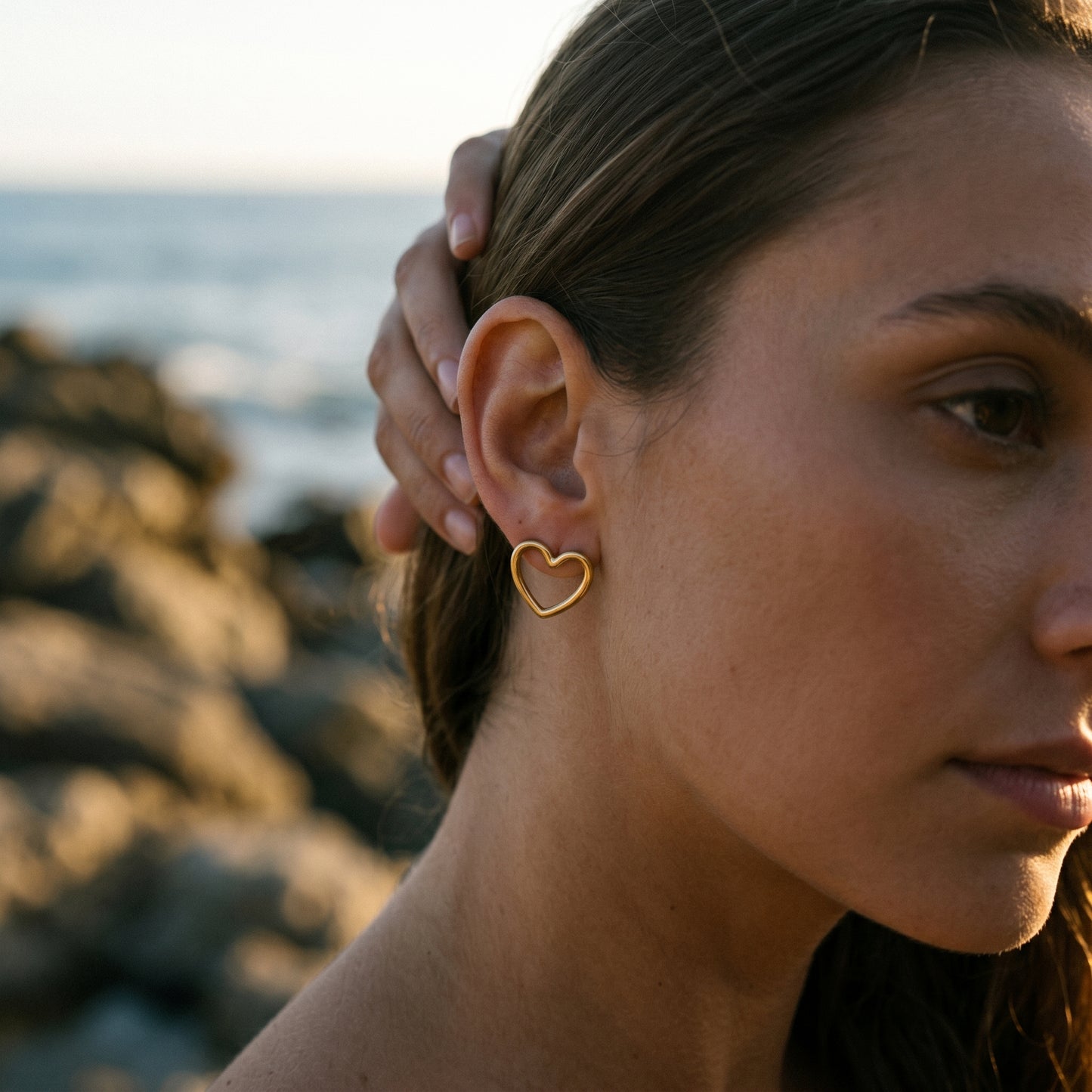 Golden Open Heart Stud Earrings – Minimalist Stainless Steel Earrings with Romantic Luxe Shine