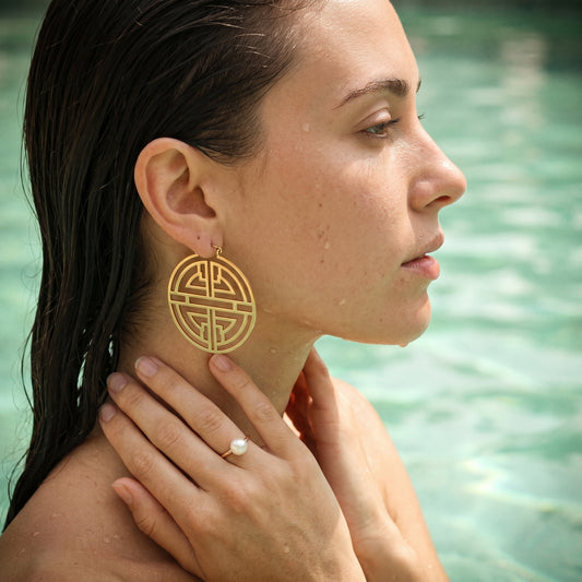 Oriental Harmony Hoop Earrings – Gold Stainless Steel Statement Earrings with Modern Asian Motif