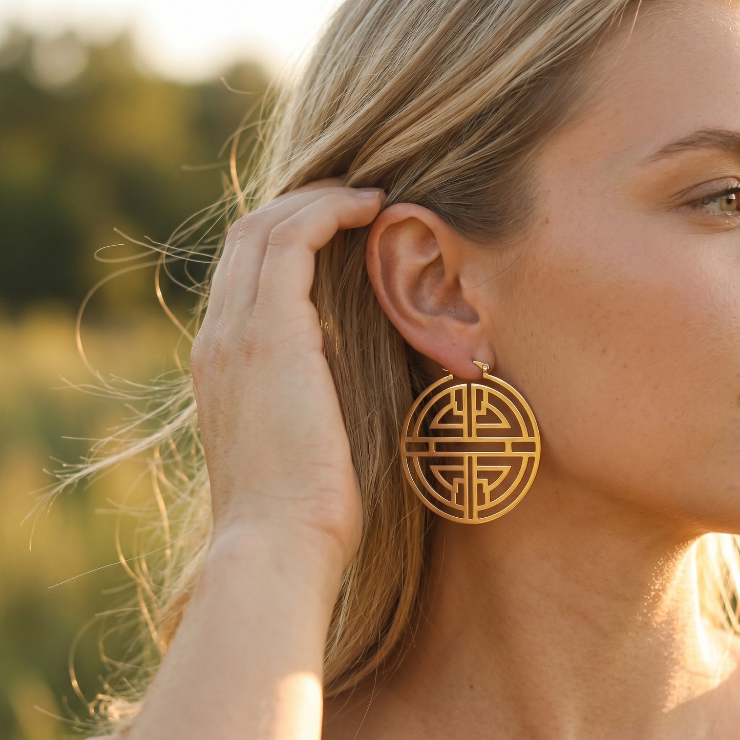 Oriental Harmony Hoop Earrings – Gold Stainless Steel Statement Earrings with Modern Asian Motif