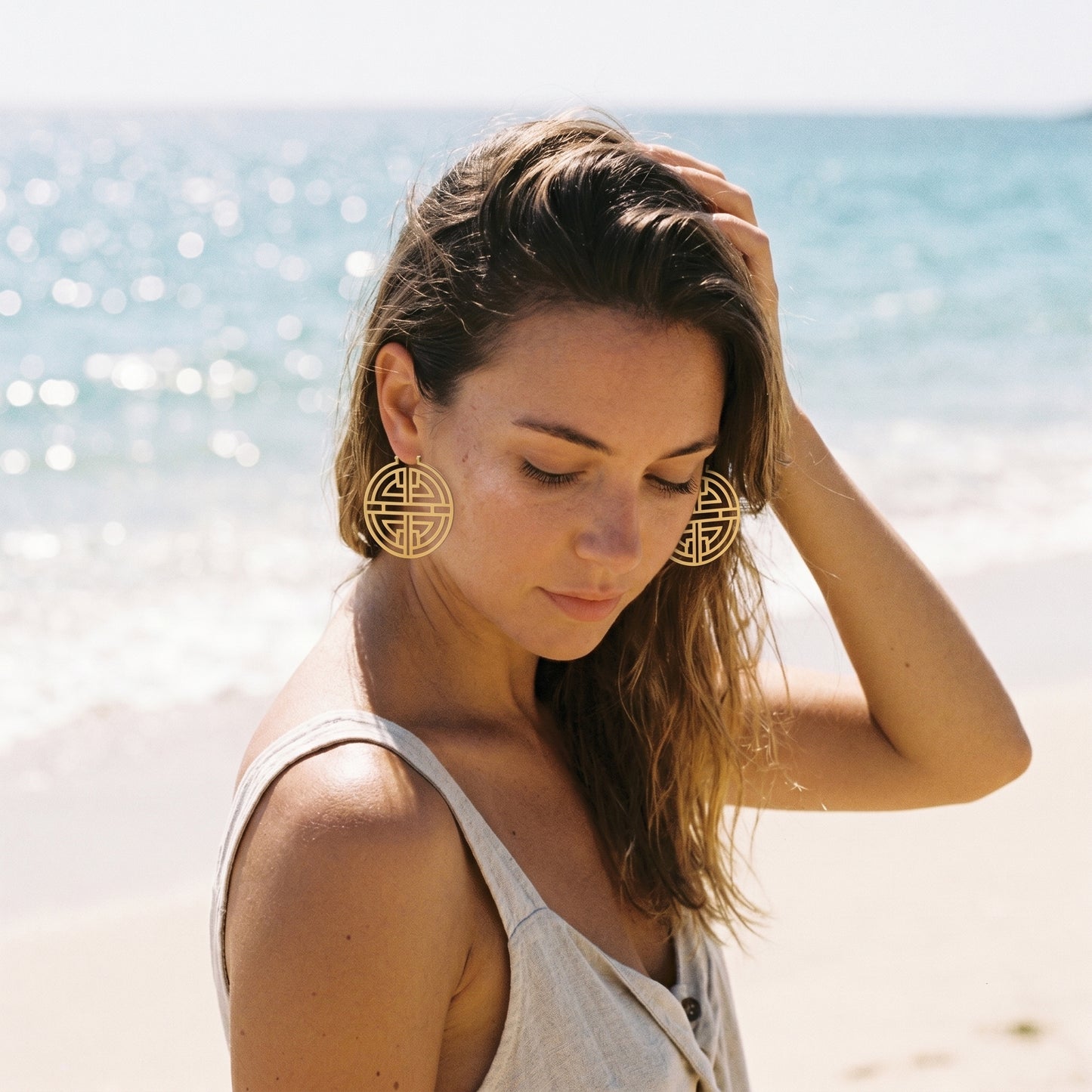 Oriental Harmony Hoop Earrings – Gold Stainless Steel Statement Earrings with Modern Asian Motif