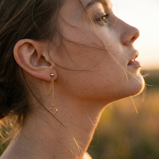 Gold Heart Chain Drop Earrings – Minimalist Stainless Steel Dangle Earrings with Romantic Edge