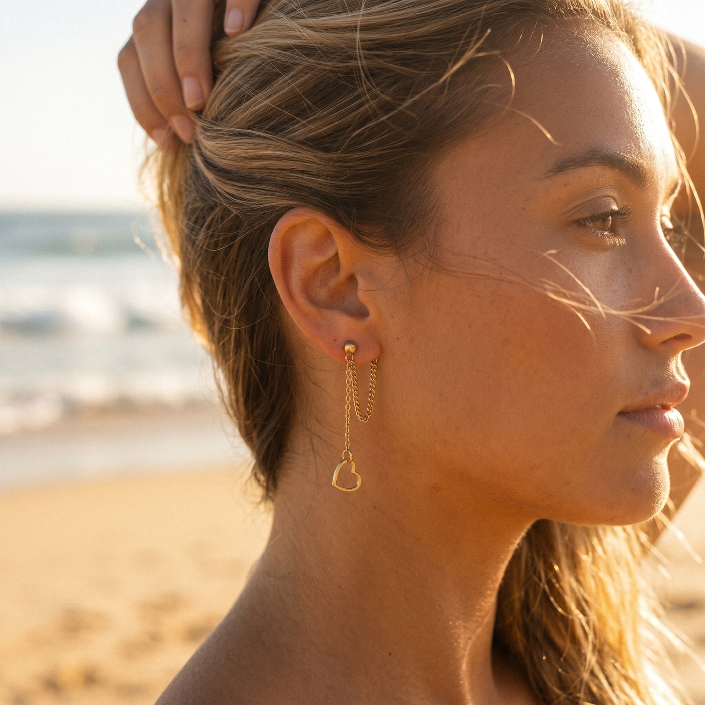 Gold Heart Chain Drop Earrings – Minimalist Stainless Steel Dangle Earrings with Romantic Edge