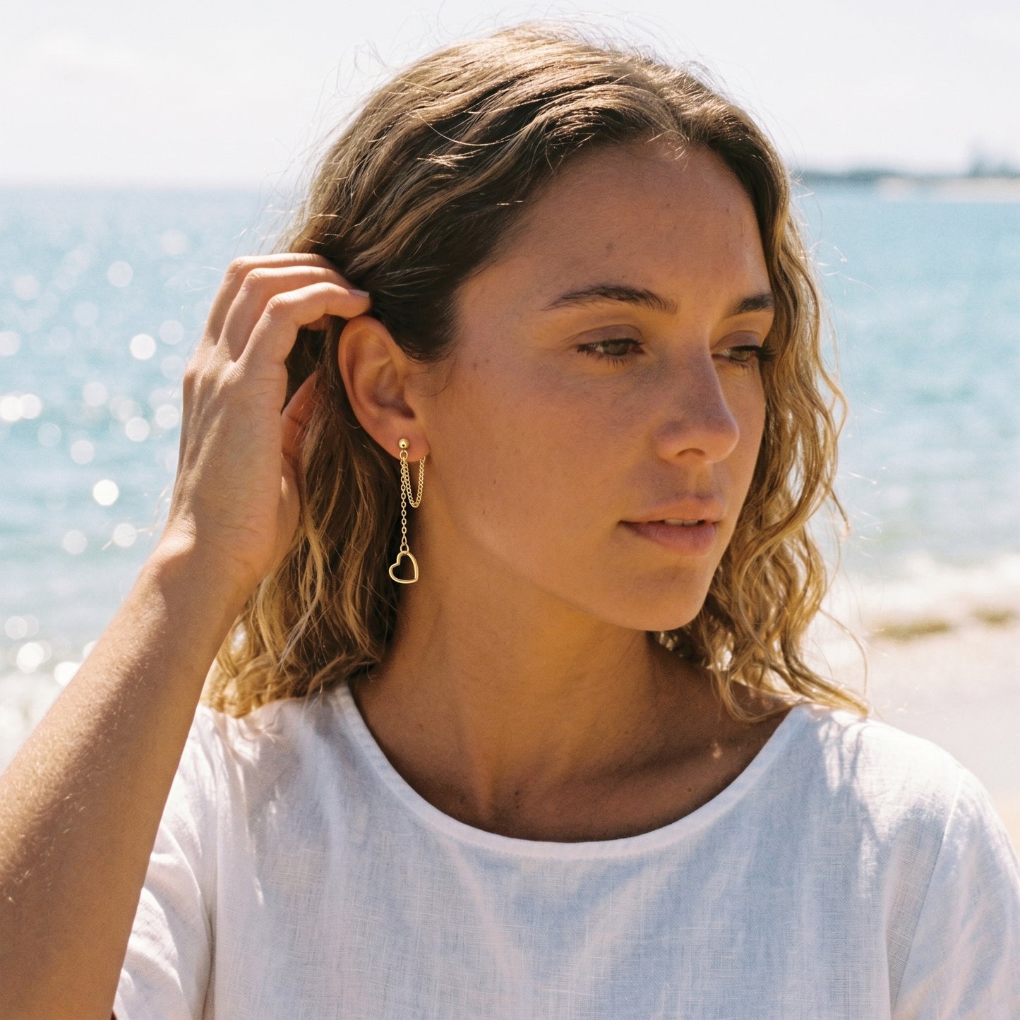 Gold Heart Chain Drop Earrings – Minimalist Stainless Steel Dangle Earrings with Romantic Edge