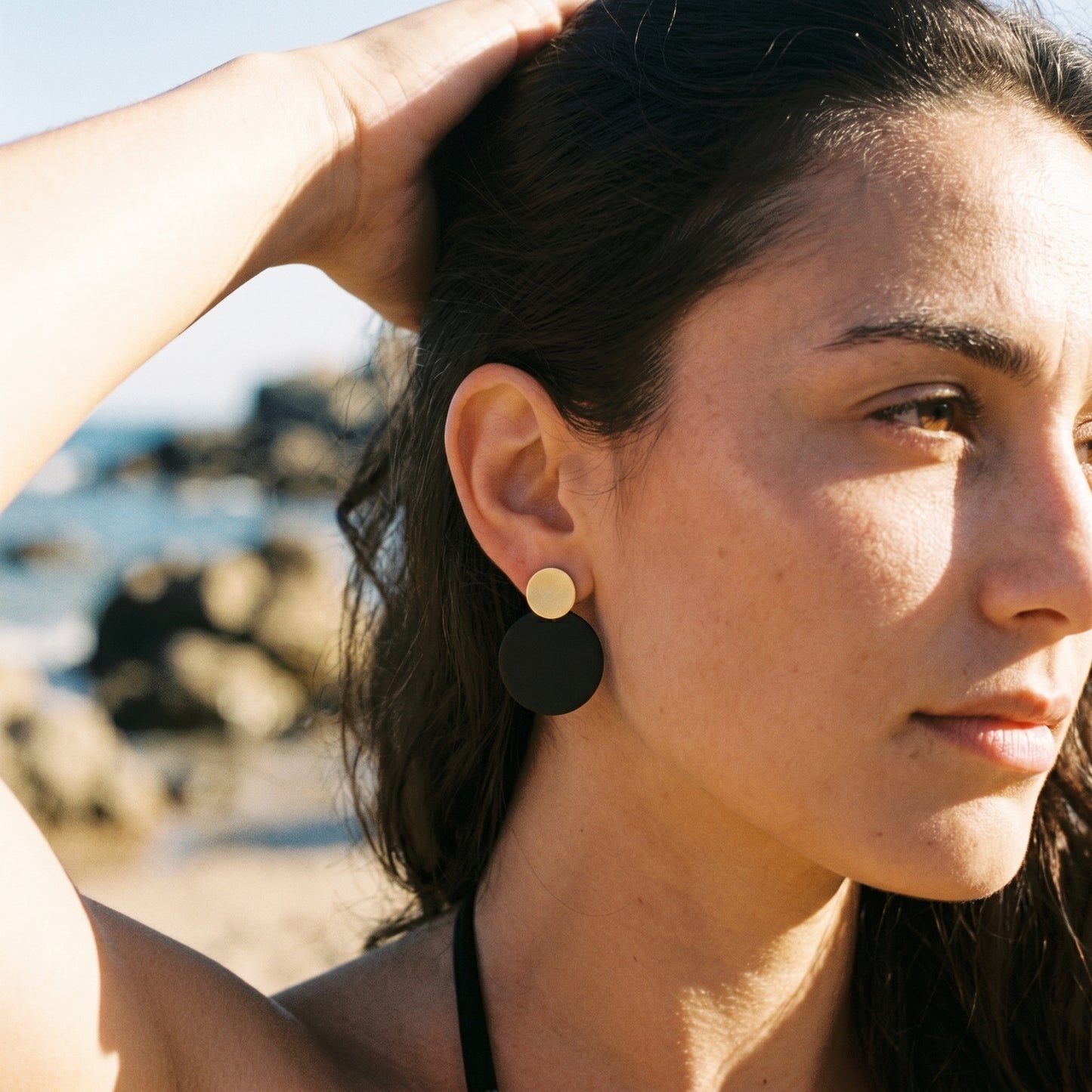 Modern Muse Disc Earrings – Bold Black and Gold Statement Studs for Elevated Everyday Style