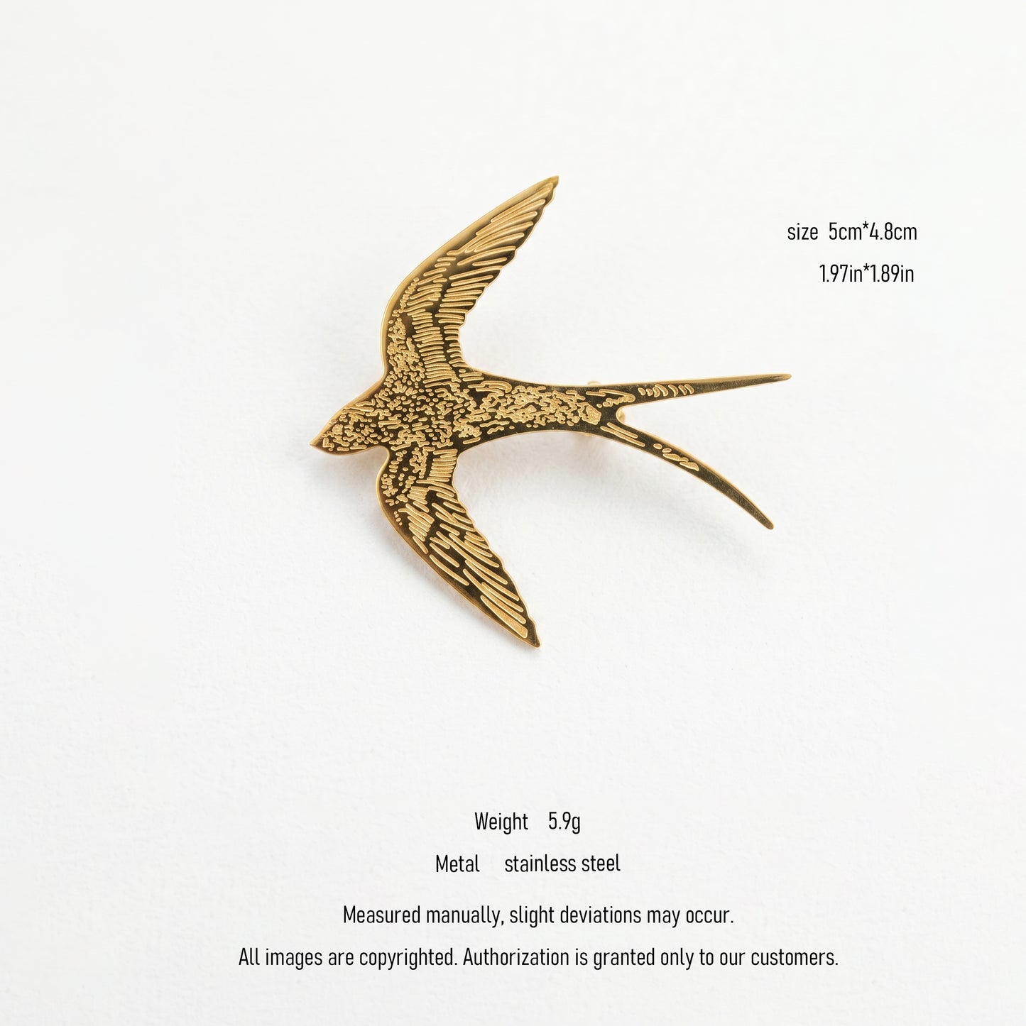 Waterproof Stainless Steel Swallow Brooch, Gold Plated Hypoallergenic Engraved Lapel Pin