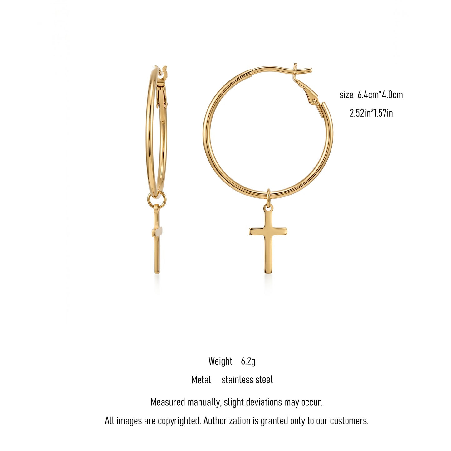 18K Gold Plated Stainless Steel Cross Hoop Earrings, Waterproof Hypoallergenic Faith Jewelry
