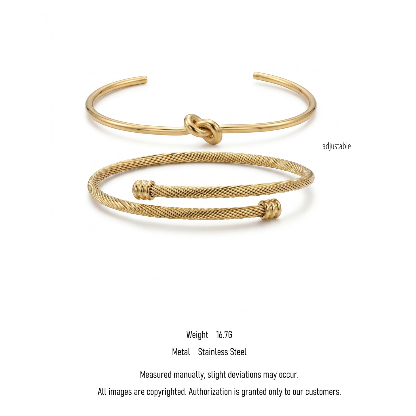 Knot & Twisted Cable Cuff Bracelet Set - 18K Gold Plated Stainless Steel