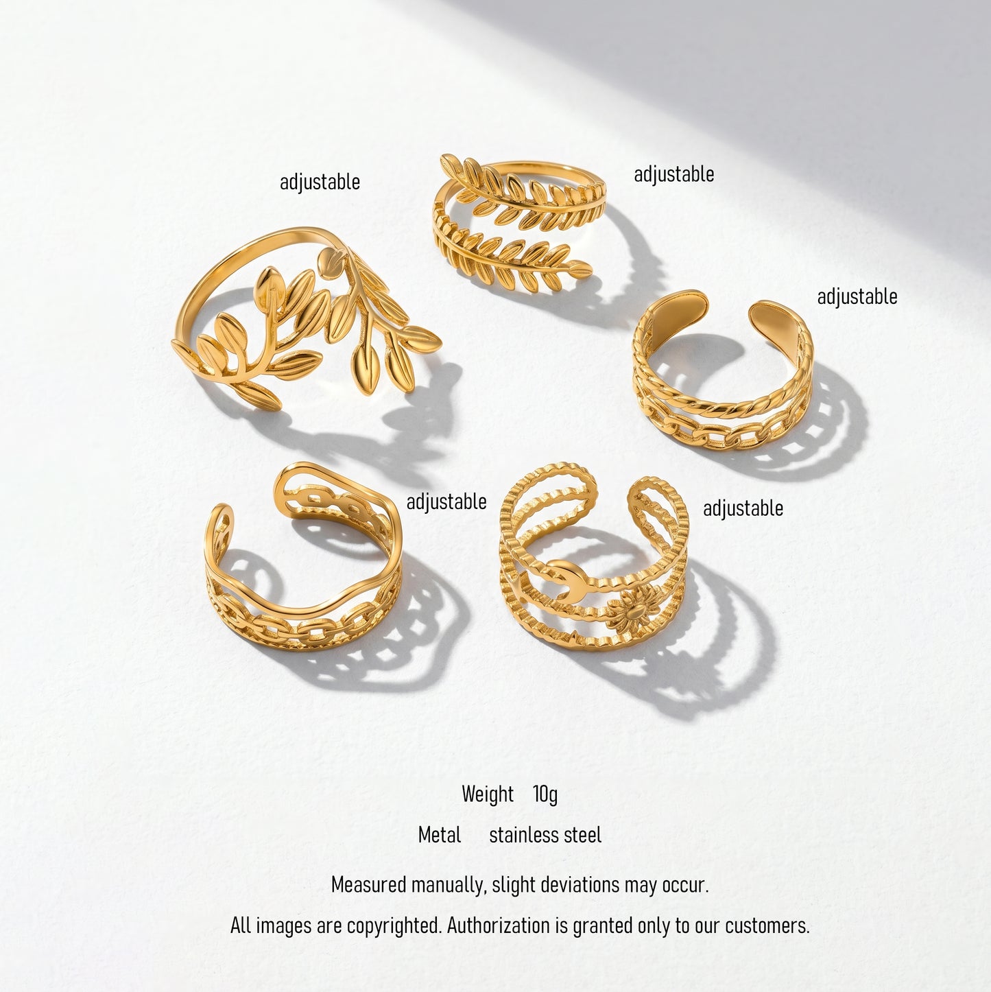 Minimalist 18K Gold Plated Stainless Steel Ring Set | 5Pcs Adjustable Open Statement Bands for Stacking