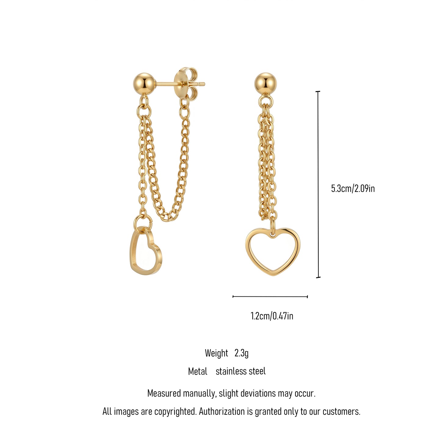 Gold Heart Chain Drop Earrings – Minimalist Stainless Steel Dangle Earrings with Romantic Edge
